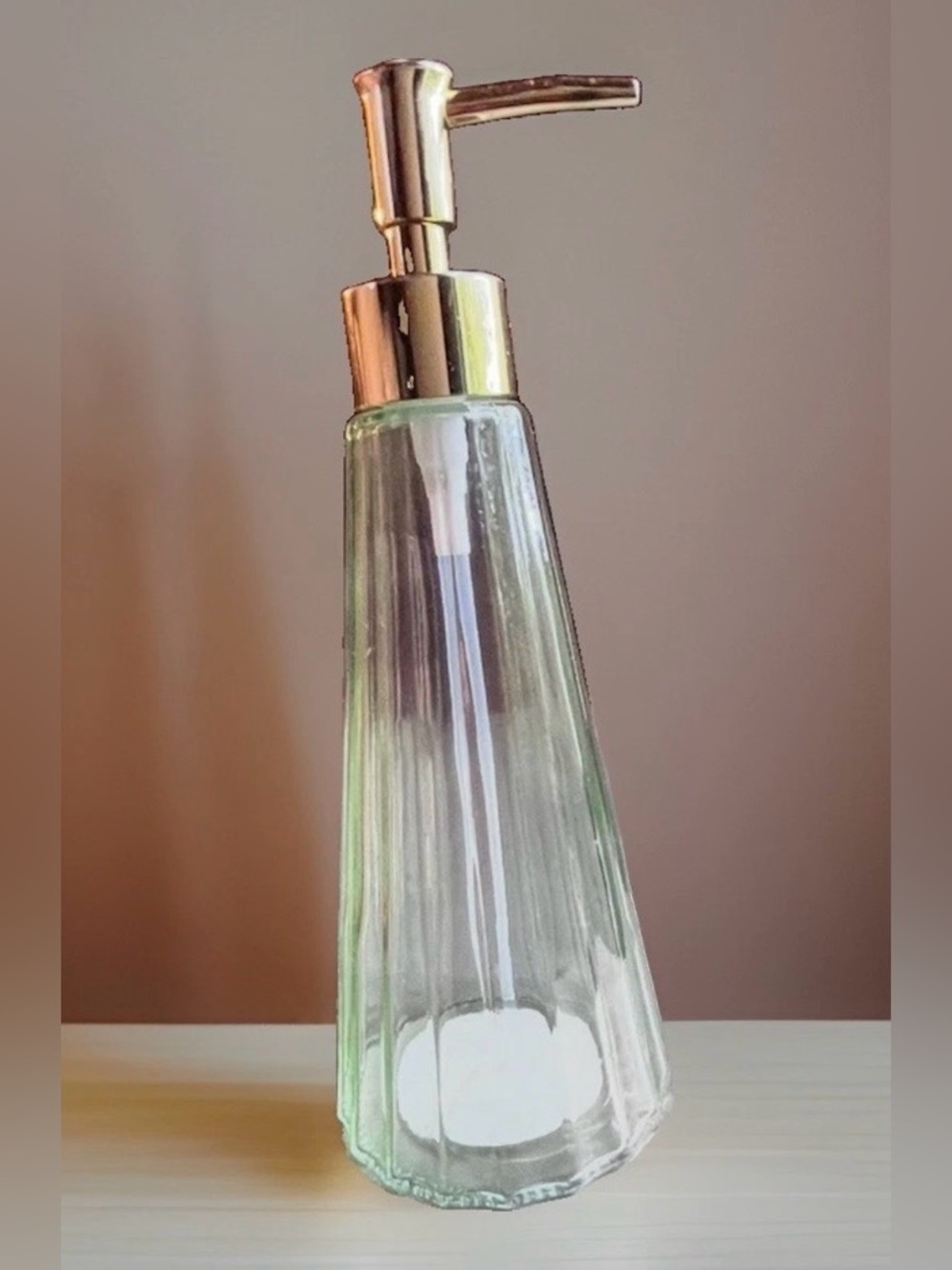 Old East Main Glass Soap Dispenser Fluted Clear Gold Pump 9” Bathroom
